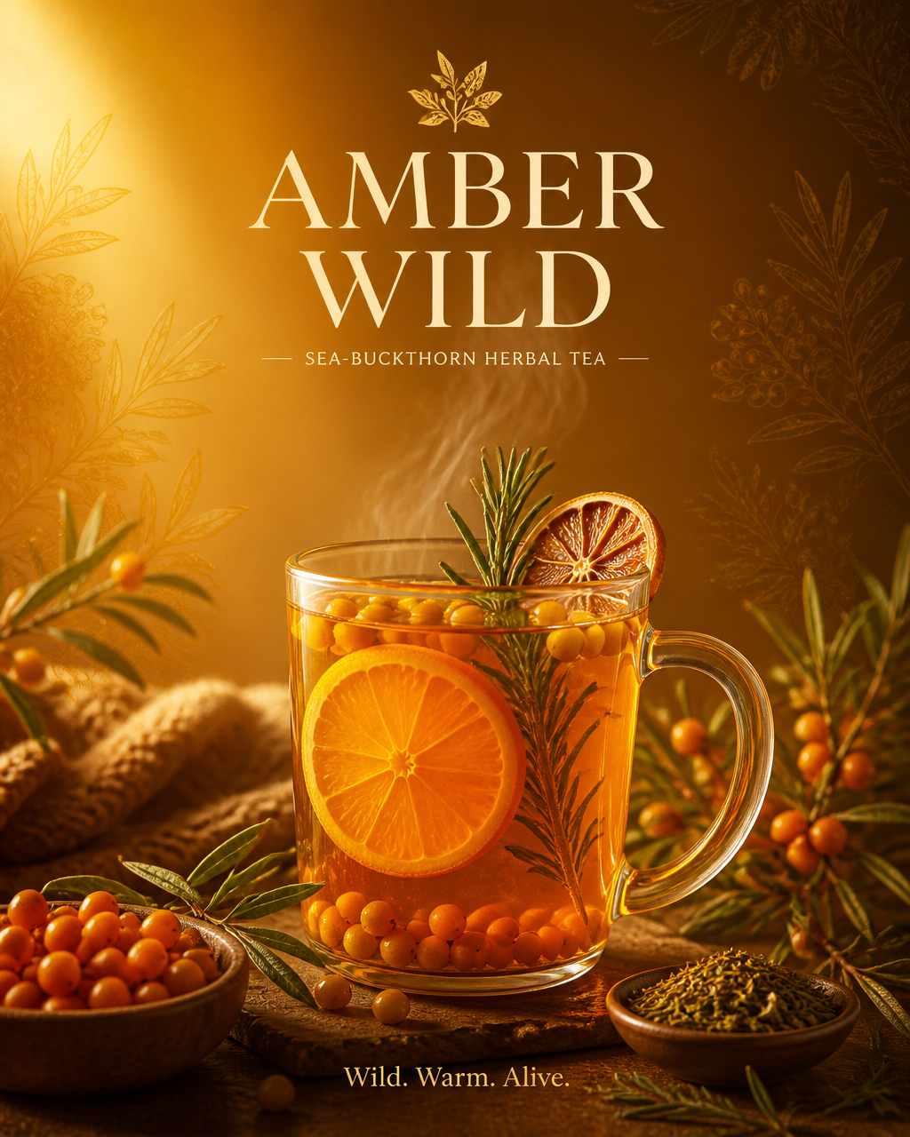 Create a cozy premium herbal tea advertising poster for…