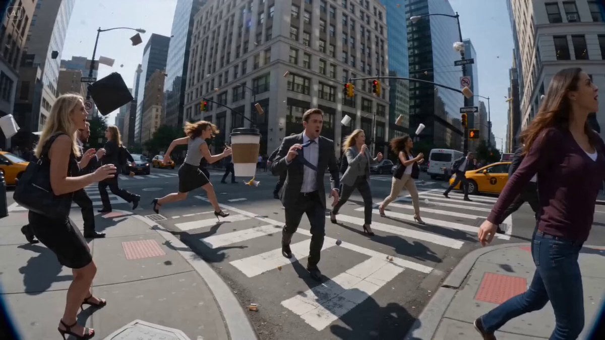 { "shot": { "composition": "POV time-freeze with hands moving…