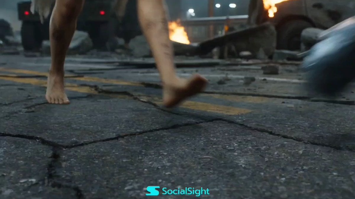 Ultra-realistic cinematic scene at a destroyed Gwanghwamun Gate. Cracked…