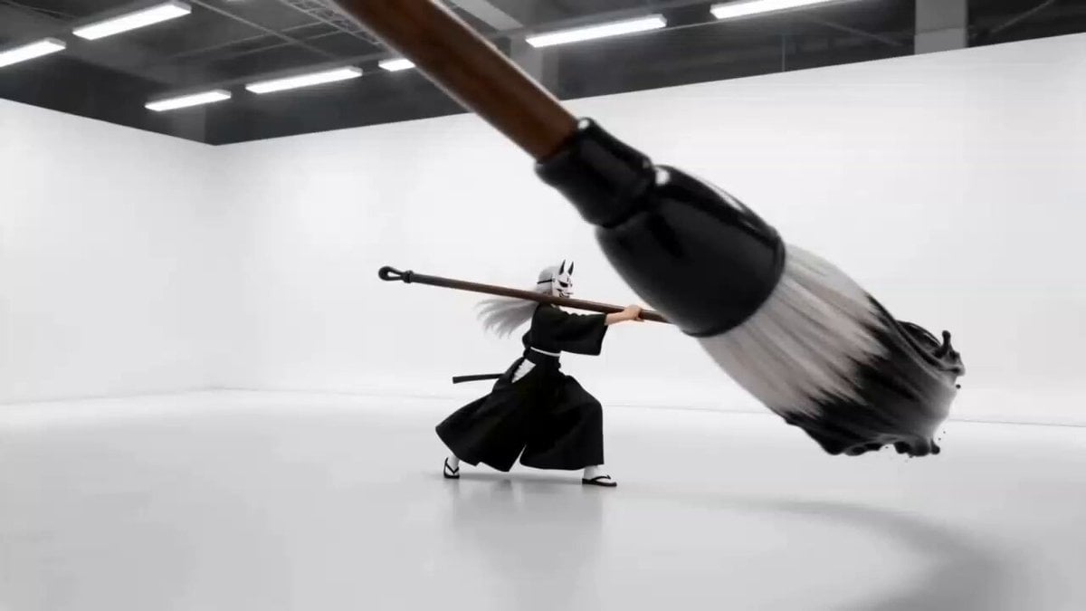 A cinematic, high-contrast action video in a stark minimalist…