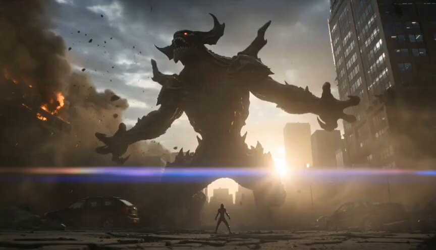 A colossal dark horned monster towers over a collapsed…