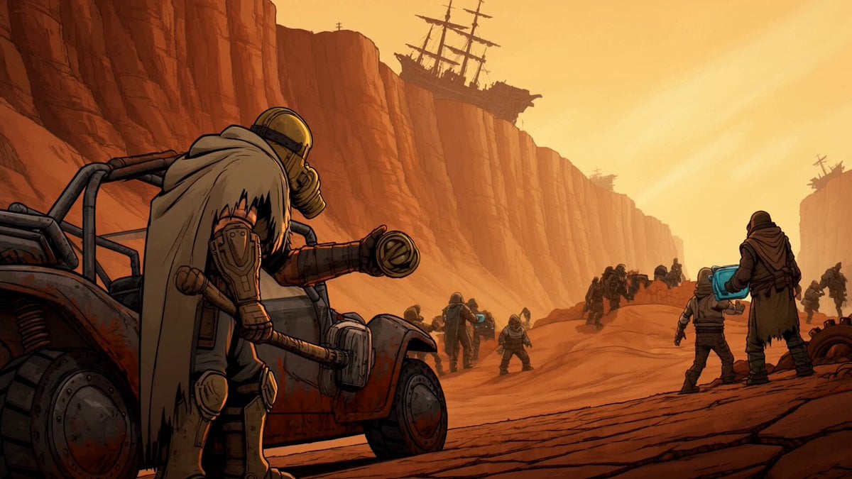 ROTAGONIST: A male Wasteland Drifter wearing a frayed sand-poncho,…