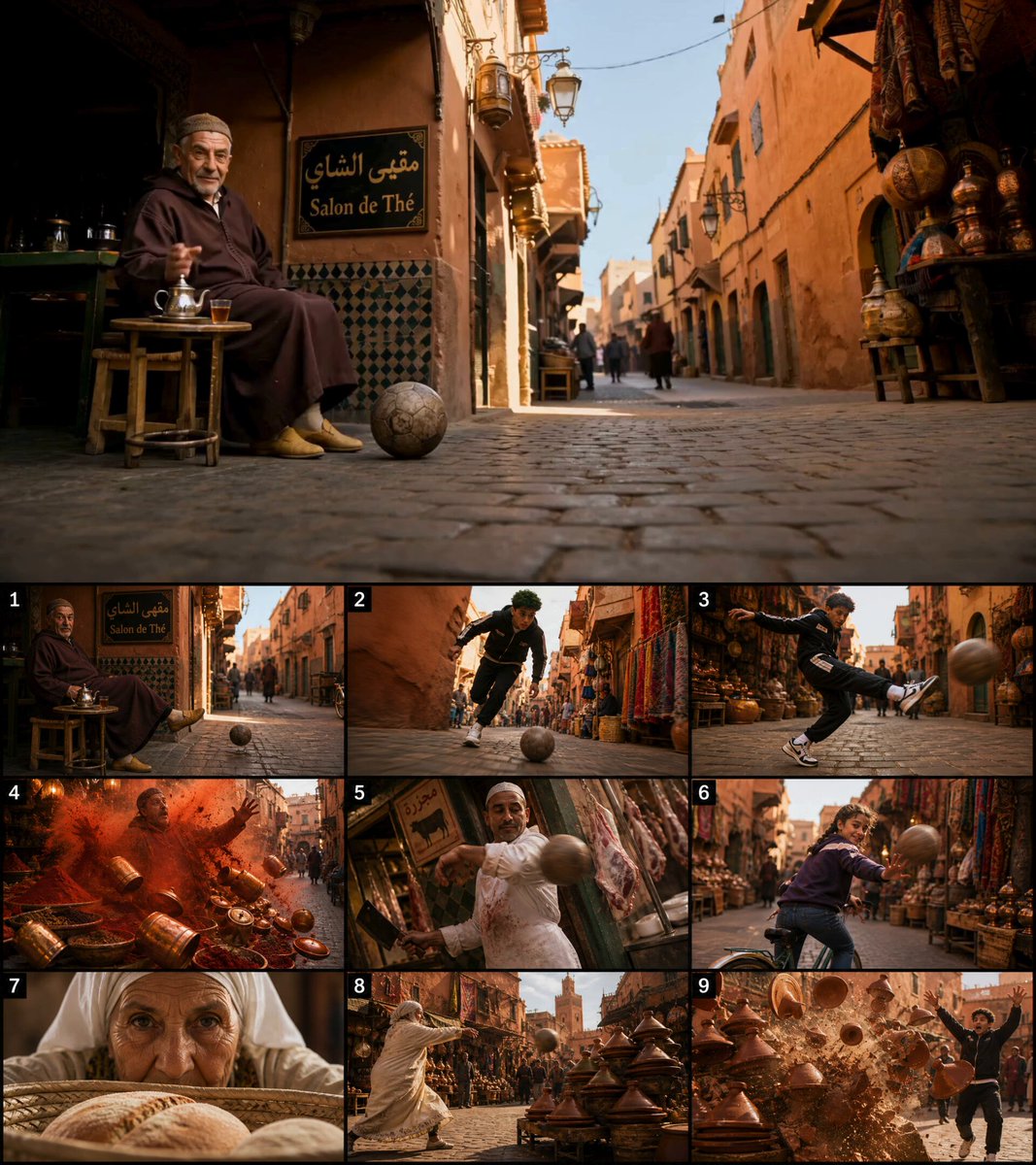 Setting: Busy Moroccan souk at golden hour. Terracotta walls,…
