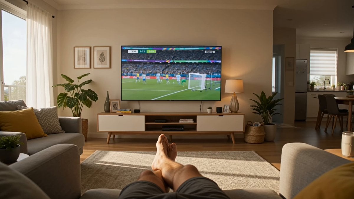 First-person POV from a comfortable reclining armchair in a…