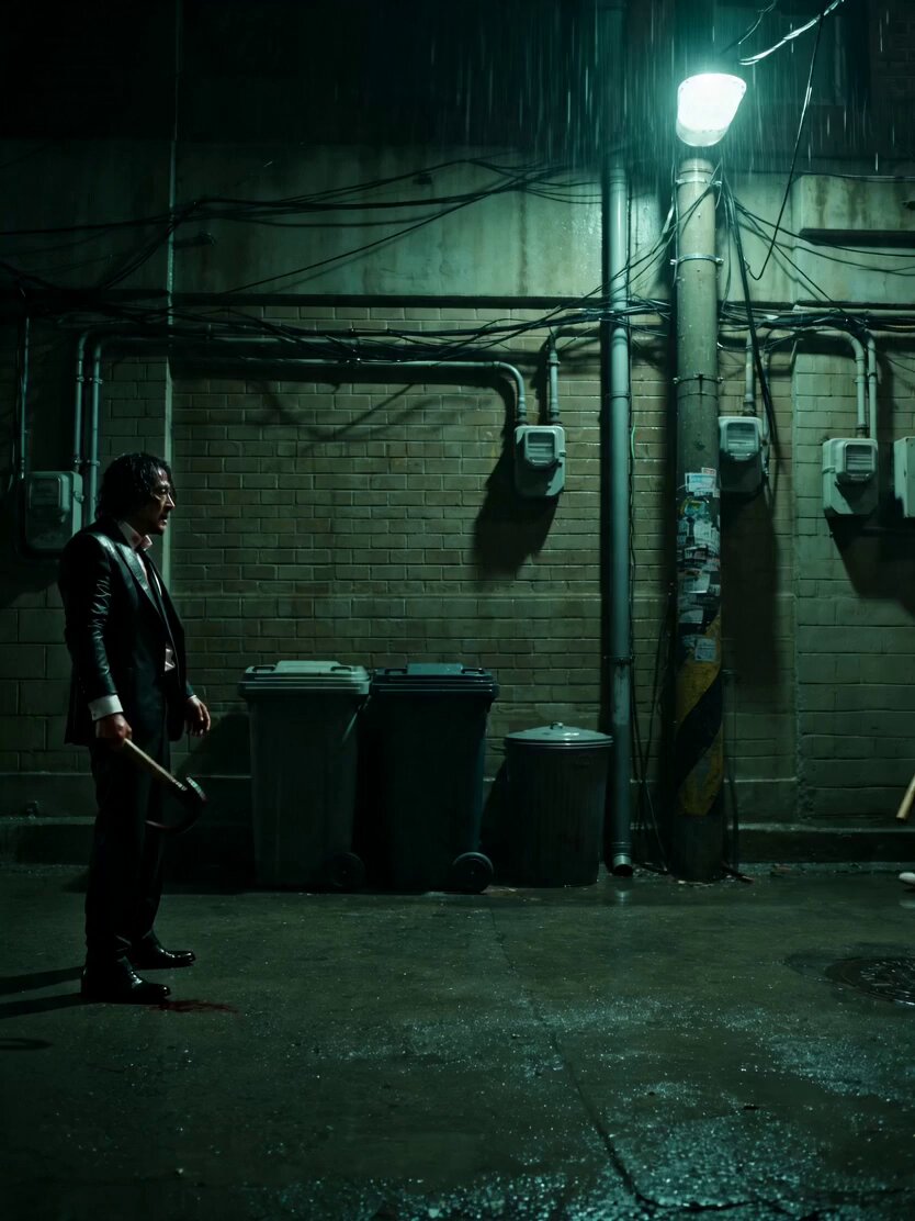Gritty neo-noir action, single continuous side-scrolling long take, raw…