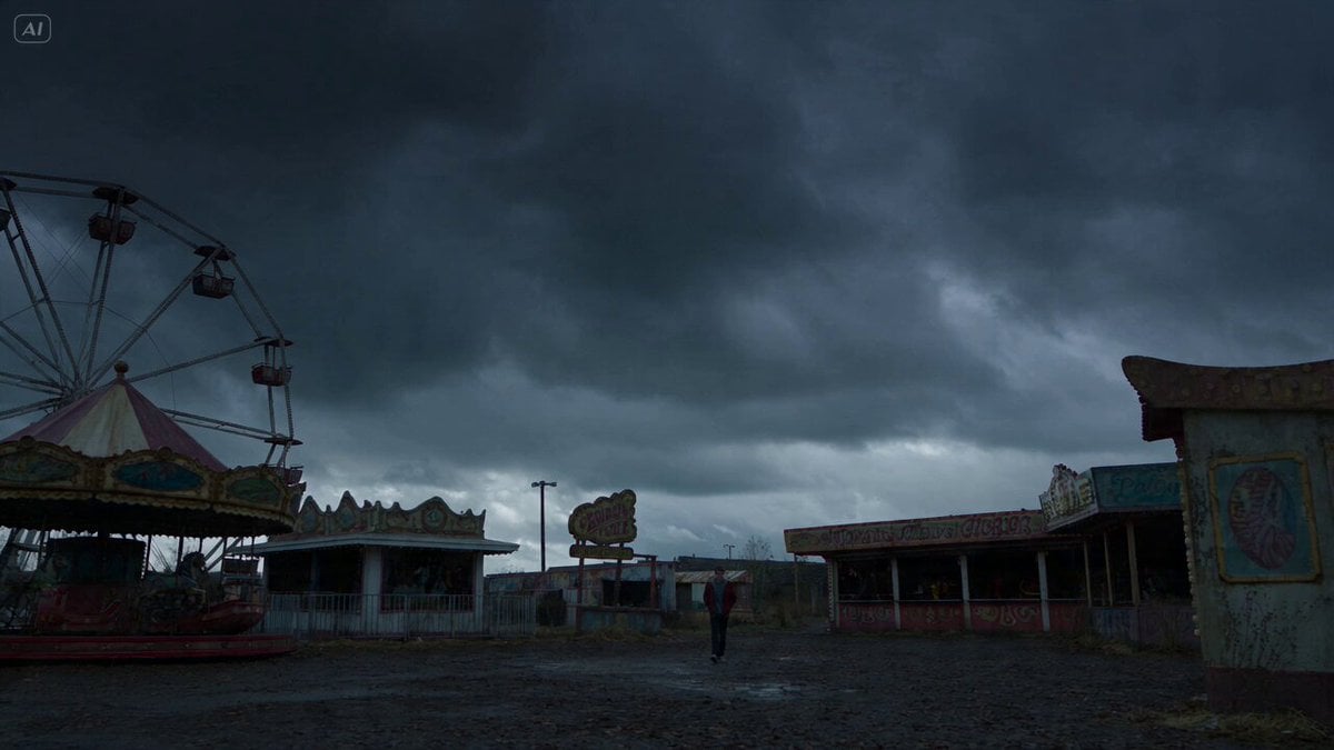 00:00–00:03 — Wide cinematic shot of an abandoned amusement…