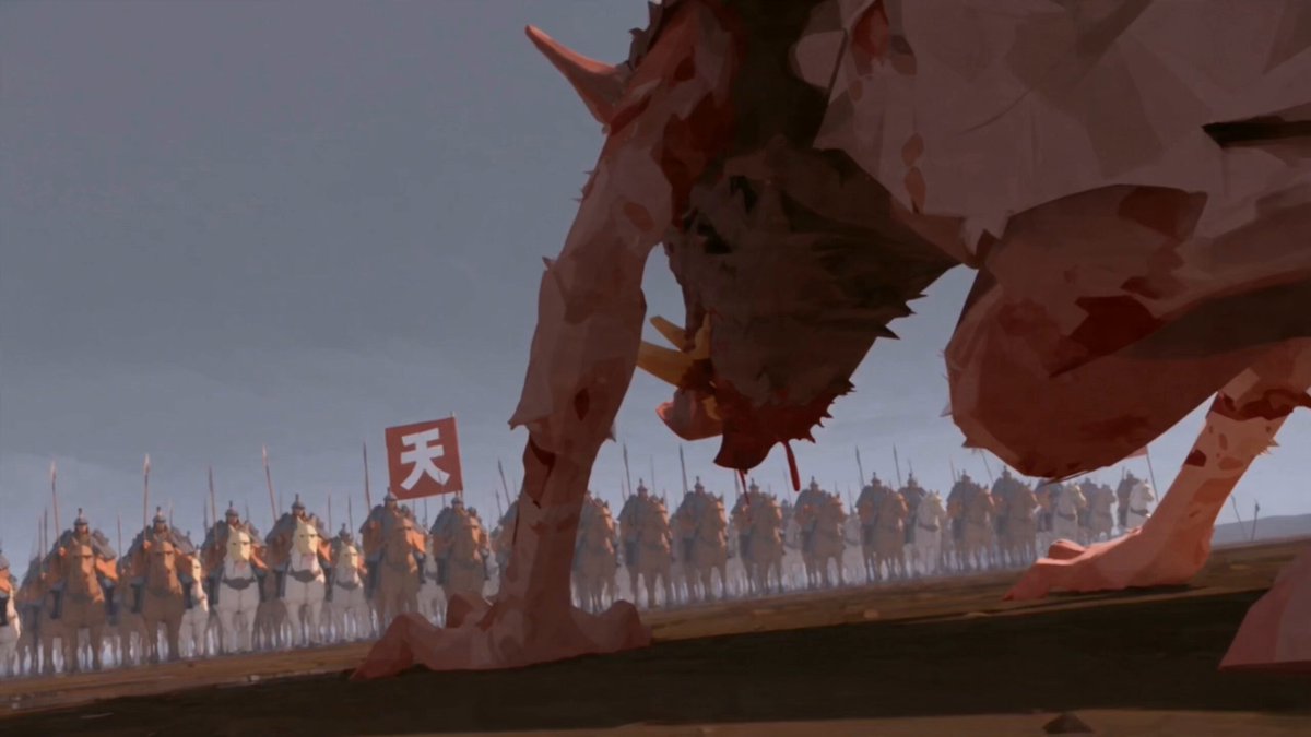 STYLE: Painterly digital matte-painting animation, faceted low-poly brushstroke forms,…