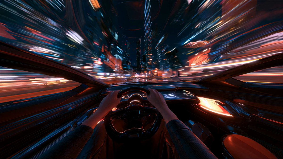 first-person POV from the driver’s seat, hands on the…