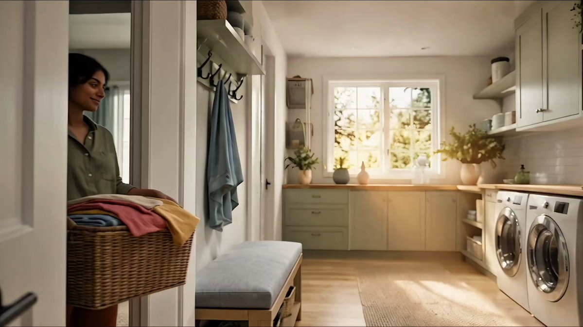 Create a 30-second photorealistic cinematic laundry commercial featuring a…