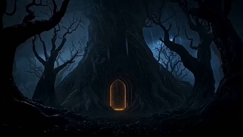 During a stormy night, an ancient glowing door suddenly…
